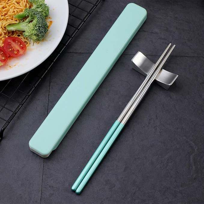 Metal Chopsticks With Case, 3 Pairs, Light Blue Green Pink | Reusable, Dishwasher Safe, Square Lightweight Non-Slip, Portable For Travel Camping Bento Box