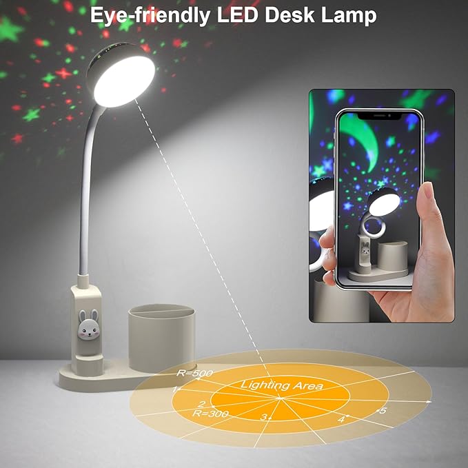 Cute Kids Desk Lamp 2000mAh Rechargeable Kawaii Desk Lamp with Star Projection & Pen Holder, Aesthetic Kids Bedside Lamp with Flexible Gooseneck/ 3 Level Brightness/Eye-Caring for Reading, Study