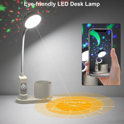 Cute Kids Desk Lamp 2000mAh Rechargeable Kawaii Desk Lamp with Star Projection & Pen Holder, Aesthetic Kids Bedside Lamp with Flexible Gooseneck/ 3 Level Brightness/Eye-Caring for Reading, Study