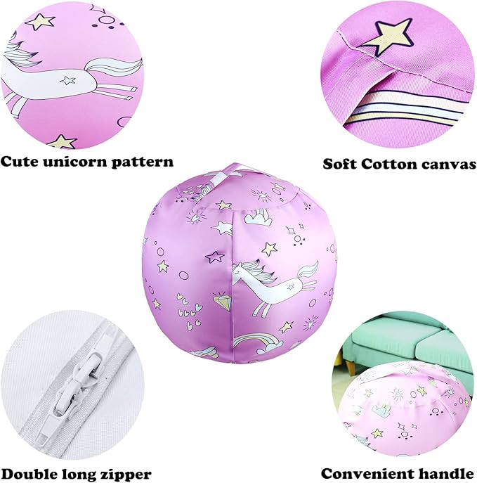 2-Pack Stuffed Animal Storage Bean Bag Chairs Toy Storage Organizer Bean Bags Chair Covers Only for Kids 24" Beanbag with Zipper for Organizing Kid's and Adults Room, Pink White Unicorn