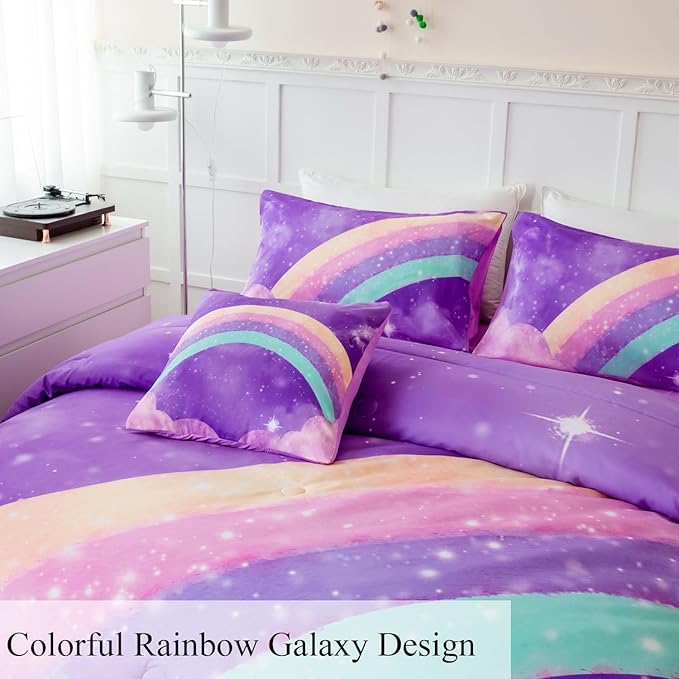 Purple Rainbow Girls Comforter Set Twin, 6 Pieces Gradient Glitter Bedding Sets for Girls Kids, 3D Galaxy Nebula Kids Girls Bed Set with Sheets for All Season