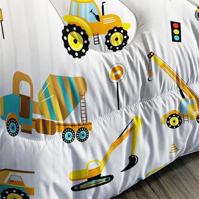 Axolotl Yellow Excavator Comforter Set Twin Size,Cartoon Excavator Bedding Set,Kids Machinery Truck Comforte Set,White Stripe Bedding Vehicle Car Decor for Kids Boys Teens,1 Quilt 2 Pillowcases