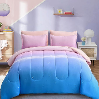 Dinjoy Girls Comforter Set Queen Size Colorful Rainbow Ombre Pink Blue Bedding Set Gradient 7 Pieces Bed in A Bag for Kids Teen Girl Women(1 Comforter, 1 Flat Sheet, 1 Fitted Sheet)