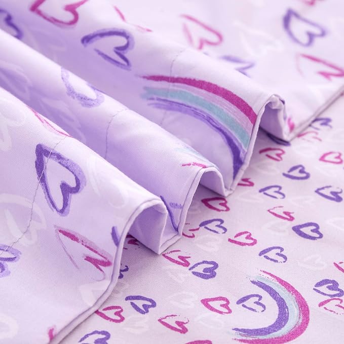 Mooreeke Full Size Comforter Sets for Girls Kids, 8 Pieces Bed in a Bag Purple Love Rainbow Bedding Comforter Sheet Set with Shams and Decorative Toy Pillow, Ultral Soft Microfiber Kids Bed Set