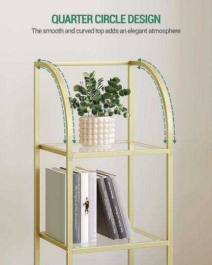 Bookcase Bookshelf, Tempered Glass Arched Bookshelf for More Storage, Slim Shelving Unit for Bedroom, Bathroom, Home Office, Steel Frame, 5 Tier Gold BC20599G