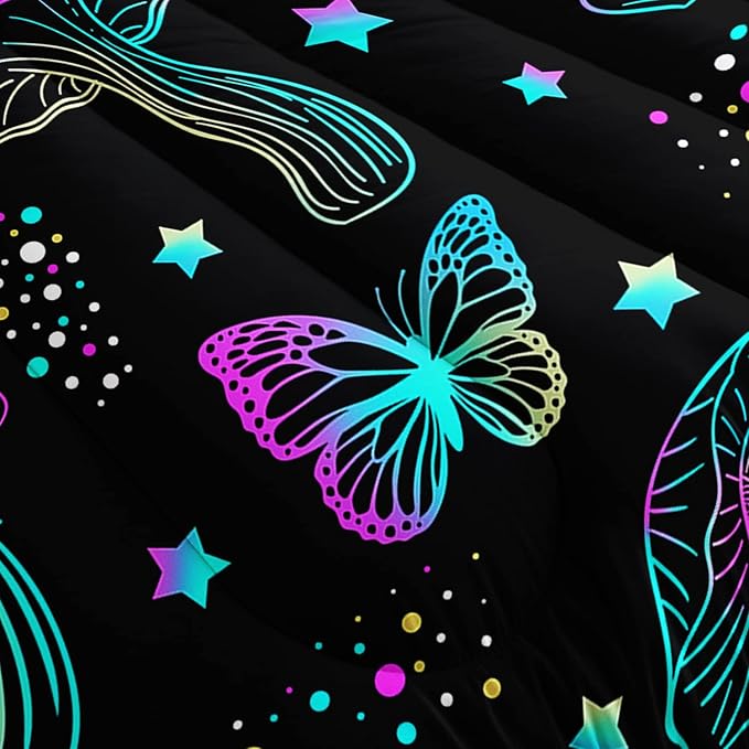 Colorful Mushroom Comforter Set Full Size Kids Mushroom Butterfly Bedding Set Star Quilt Bed Set for Boys Girls Adults with 1 Comforter and 2 Pillowcases