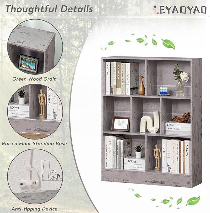 LEYAOYAO 7 Cube Bookshelf with Base,3 Tier Mid-Century Modern Grey Bookcase,Standing Wide Bookshelves Storage Organizer Shelf,Rustic Wood Display Cabinet Book Shelves for Bedroom,Living Room,Office