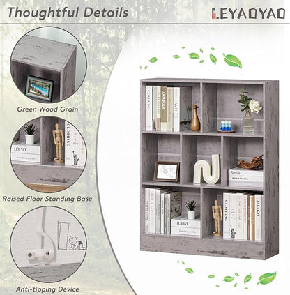 LEYAOYAO 7 Cube Bookshelf with Base,3 Tier Mid-Century Modern Grey Bookcase,Standing Wide Bookshelves Storage Organizer Shelf,Rustic Wood Display Cabinet Book Shelves for Bedroom,Living Room,Office