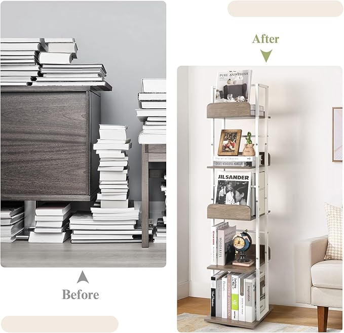 Bikoney Bookshelves 5-Tier, Rotating Bookshelf Tower for Corner, Small Bookcase, Tall Industrial Bookshelf, Narrow Bookshelf, Wood and Metal White
