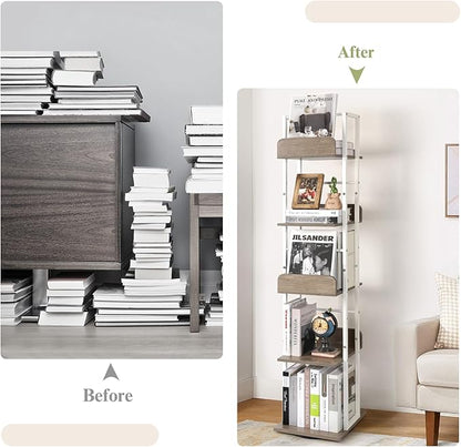 Bikoney Bookshelves 5-Tier, Rotating Bookshelf Tower for Corner, Small Bookcase, Tall Industrial Bookshelf, Narrow Bookshelf, Wood and Metal White
