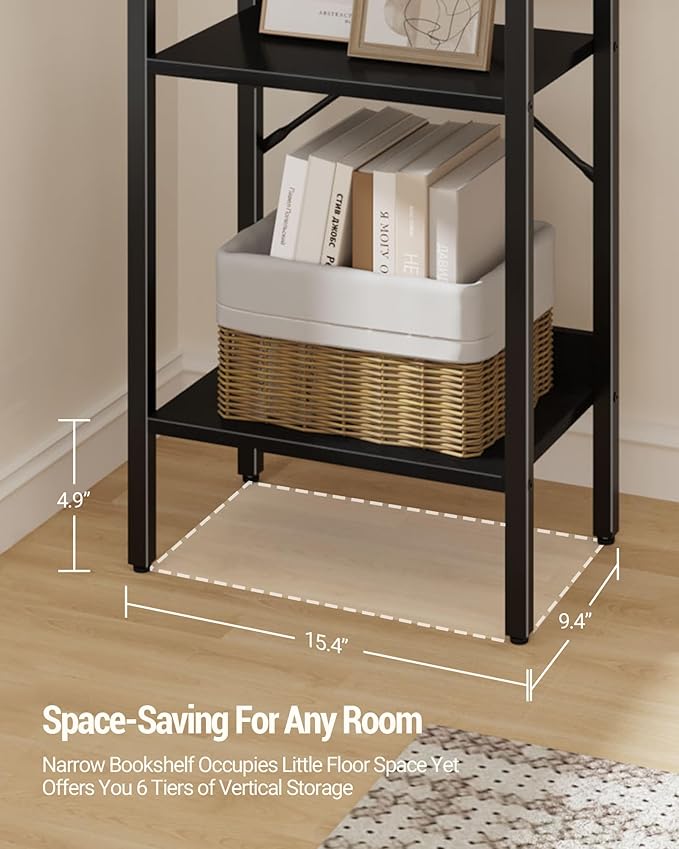 Bookshelf, Book Shelf, Industrial Bookcase with 2 Hooks, Coner Shelf Storage Organizer for Home Office, Living Room, Bedroom, Kitchen, 6-Tier Black BC10704B