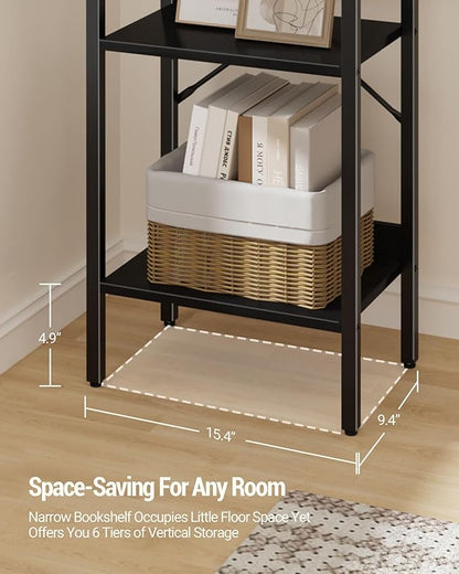 Bookshelf, Book Shelf, Industrial Bookcase with 2 Hooks, Coner Shelf Storage Organizer for Home Office, Living Room, Bedroom, Kitchen, 6-Tier Black BC10704B