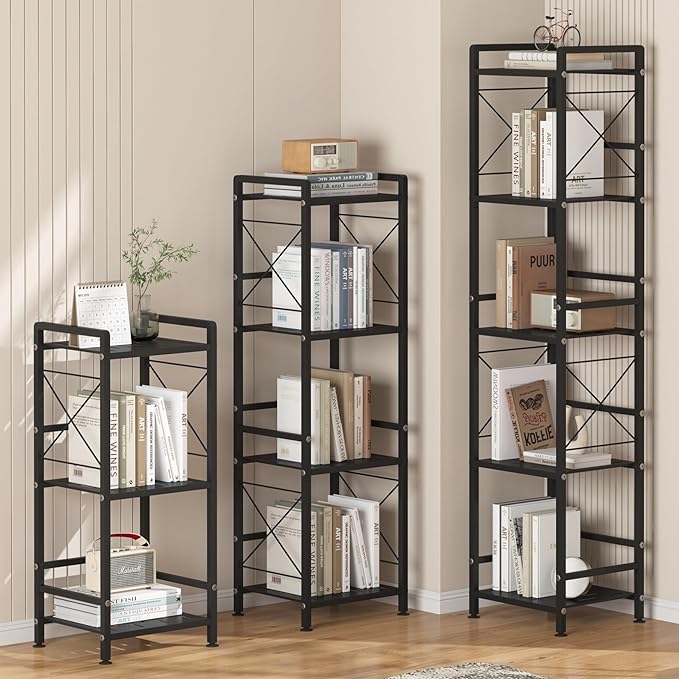 JSB 4 Tier Metal Bookshelf Bathroom Storage Standing Shelf Unit Kitchen Storage Organizer Display Rack Bookcases Shelves for Living Room, Bedroom, Office (Black, 4 Tier)