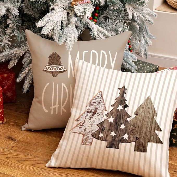 GEEORY Christmas Pillow Covers 16 x 16 Inch Set of 4, Striped Wooden Tree Snow Sleigh Merry Bright Xmas Holiday Decor Decorative Throw Cushion Case Decoration for Home Party Sofa Couch (Brown)