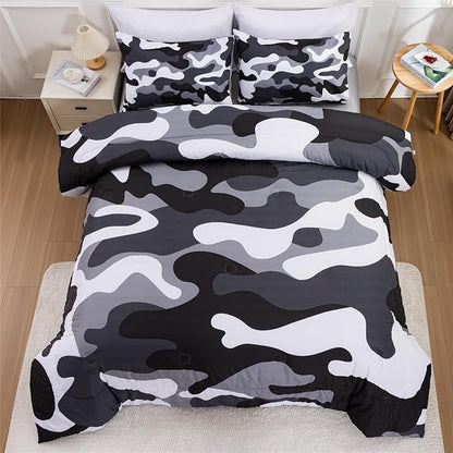 Meeting Story Camouflage Bedding Set, Colorful Pattern Style Comforter Set, 3 PCS One Comforter Two Pillowcases in One Bag, All Season Bedspread for Teens Adults (Grey,Queen