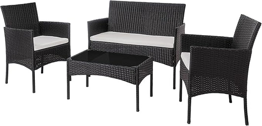 Shintenchi 4 Piece Outdoor Patio Furniture Sets, Small Wicker Patio Conversation Furniture Rattan Chair Set with Tempered Glass Coffee Table for Backyard Porch Garden Poolside Balcony