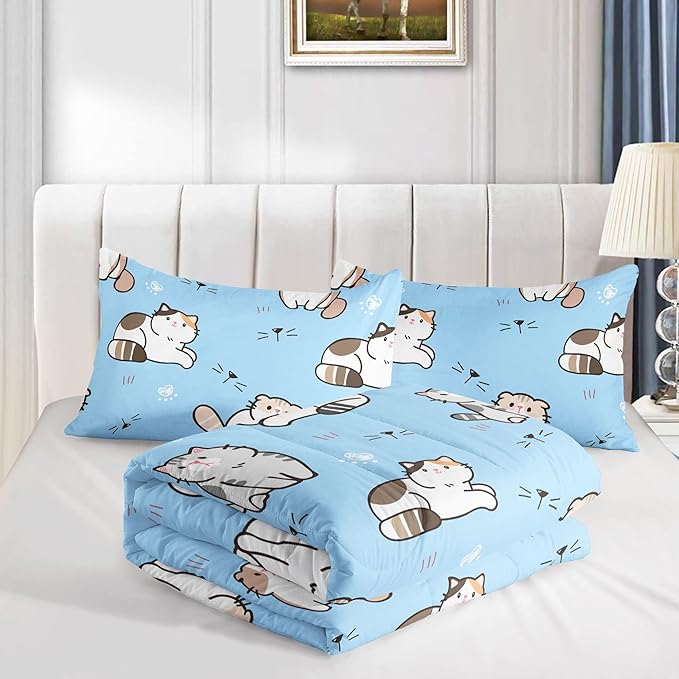 Datura home Blue Kawaii Cat Comforter Bedding Set for Girls Lovely Kitten Print Cute Animal Pattern with 1 and 2 Pillowcases Bedroom All Season(Cat Queen), Queen 90x90inches