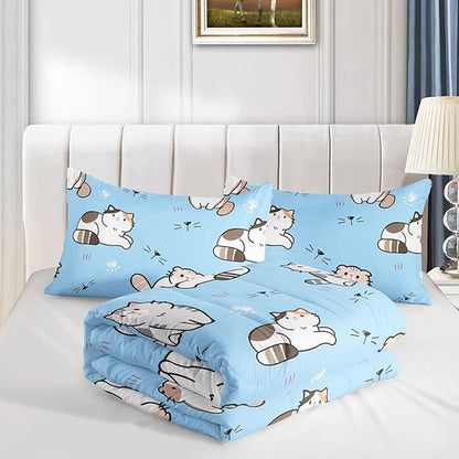 Datura home Blue Kawaii Cat Comforter Bedding Set for Girls Lovely Kitten Print Cute Animal Pattern with 1 and 2 Pillowcases Bedroom All Season(Cat Full), Full 80x90inches