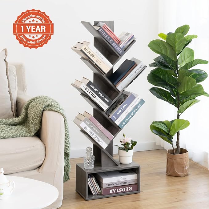 Yoobure Tree Bookshelf - 6 Shelf Retro Floor Standing Bookcase, Tall Wood Book Storage Rack for CDs/Movies/Books, Utility Book Organizer Shelves for Bedroom, Living Room, Home Office, Grey
