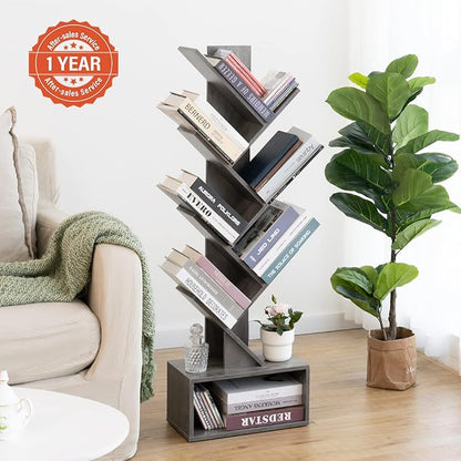 Yoobure Tree Bookshelf - 6 Shelf Retro Floor Standing Bookcase, Tall Wood Book Storage Rack for CDs/Movies/Books, Utility Book Organizer Shelves for Bedroom, Living Room, Home Office, Grey