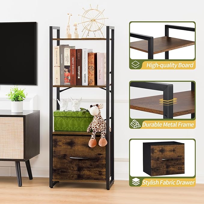 Yoobure Bookshelf, 4 Tier Book Shelf with Drawer, Small Bookcase Narrow Book Case, Industrial Bookshelves Shelf for Bedroom Living Room Office, Book Storage Organizer for CD/Movie Rustic Brown