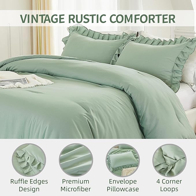 Andency Sage Green California King Comforter Set, 3 Pieces Farmhouse Shabby Chic Cal King Size Ruffle Bed Set, Oversized Soft Lightweight Microfiber Bedding Set