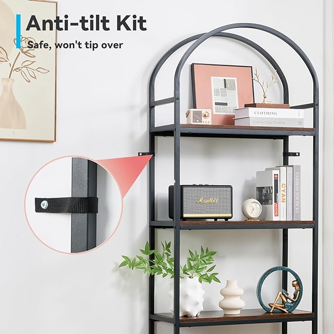 BRIAN & DANY Bookshelf, 4 Tier Tall Black Bookcase Metal Book Shelf, Larger Compartments Arched Display Shelves Open Storage Rack Shelving for Home Office, Bedroom, Living Room, Study, Antique