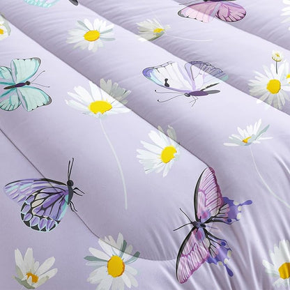 Butterfly Comforter Set for Kids Teens Girls Women,Daisy Kids Comforter,1 Comforter with 2 Pillowcase, Microfiber 3 Piece Bedding Set,for All Seasons(Purple，Queen Size)