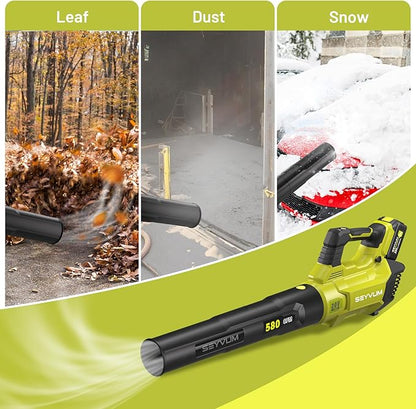 SEYVUM 580CFM MAX Leaf Blower Cordless with 5.0 Battery & Fast Charger, 3-Speed Dial 20V Electric Leaf Blower for Lawn Care, Battery Powered Leaf Blower Lightweight for Patio, Yard, Snow