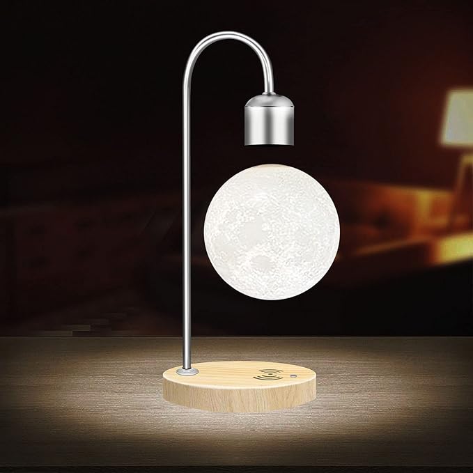Unique Modern Levitating Moon Lamp with Built-in Qi Wireless Charger, Simplistic and Innovative Design, Warm Decorative LED Light for Home and Office (Silver)