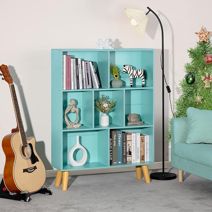 LEYAOYAO 7 Cube Bookshelf 3-Tier Bookcase with Legs, Mint-Green Kids Book Shelf Cute Storage Organizer, Toy Shelves Bookshelves,Wood Display Bookcases