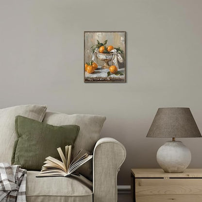 XOCUUI Farmhouse Still Life Picture Living Room - Rustic Vintage Decor for Bedroom - Tangerine Orange Fruit Moody Muted Oil Painting Art Deco Wall Art for Kitchen - 8x10inch Unframed