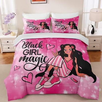 Black Girl Comforter Set Twin for Kids,Black Girl Magic Bedding Set,Cuet Black Princess Girl Comforter Black Queen Melanin Bedroom Bed Set