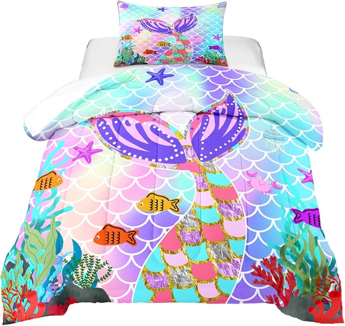 Mermaid Tail Comforter Set Twin for Kids Girls Bedroom, Rainbow Mermaid Fish Scale Comforter Set Twin Bed in a Bag, Glitter Mermaid Printed Pattern Bedding Decor 1 Comforter 1 Pillowcase