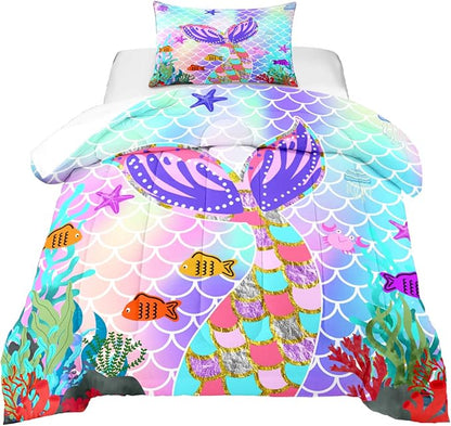 Mermaid Tail Comforter Set Twin for Kids Girls Bedroom, Rainbow Mermaid Fish Scale Comforter Set Twin Bed in a Bag, Glitter Mermaid Printed Pattern Bedding Decor 1 Comforter 1 Pillowcase