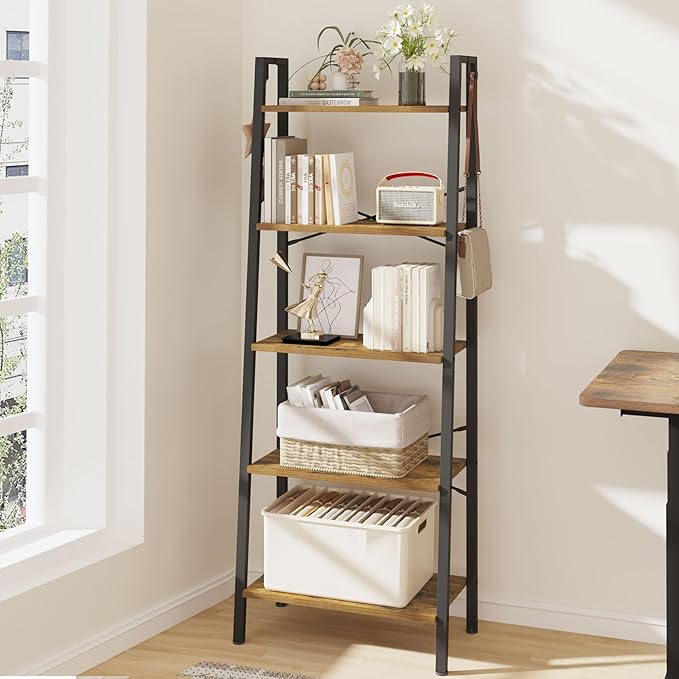 Ladder Shelf, Bookshelf Bookcase, Freestanding Corner Storage Shelve with 2 Hooks for Home Office, Living Room, Kitchen, Bedroom, Industrial, 5-Tier Rustic Brown BC19301B