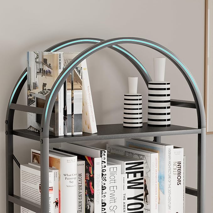 5-Tier Bookshelf, 24 Inch Width Industrial Arched Bookcase, Vintage Storage Rack with Open Shelves, Free Standing Shelf for Home Office, Living Room,Bedroom, Black