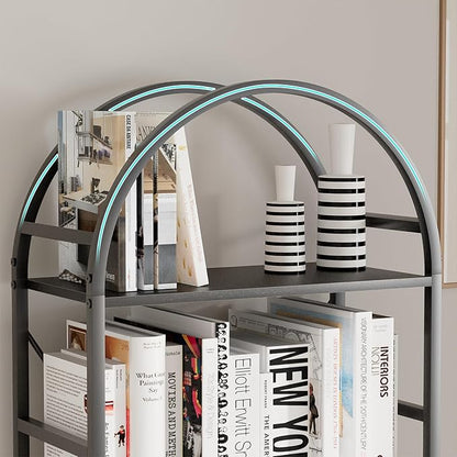 5-Tier Bookshelf, 24 Inch Width Industrial Arched Bookcase, Vintage Storage Rack with Open Shelves, Free Standing Shelf for Home Office, Living Room,Bedroom, Black