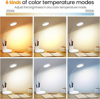 Desk Lamps for Home Office with Pen Holder/Organizer,6 Color Modes,Stepless Dimming,Study Desk Lamp for Kids,LED Desk Light Gooseneck Eye-Caring Lamp with Phone Stand/Storage,College Dorm Essentials