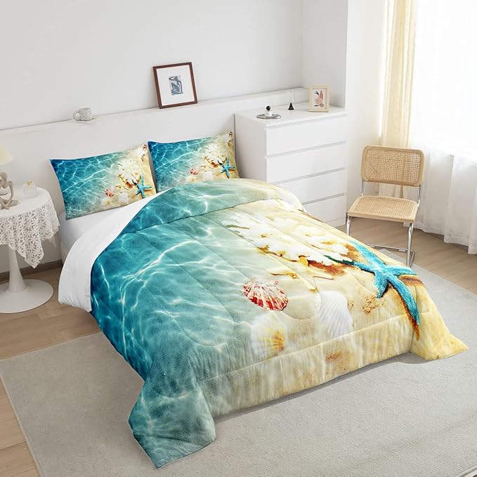 Ocean Comforter Set Full Beach Bedding Set Coastal Nature Theme Pattern Teal Duvet Set Boys Girls Hawaiian Quilt Sets Sea Wave Animals Starfish Reversible Comforter Set 2 Pillowcases, Blue Room Decor