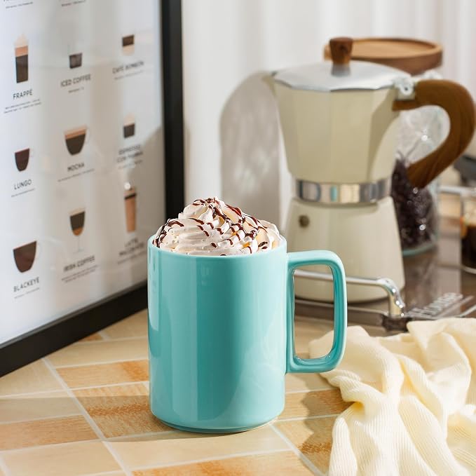 E-liu Large 15 Ounces Porcelain Coffee Mug Tea Mugs Set of 6 | Cups for Coffee, Tea, Cocoa, and Mulled Drinks , Dishwasher & Microwave Safe Gift Sets, Turquoise