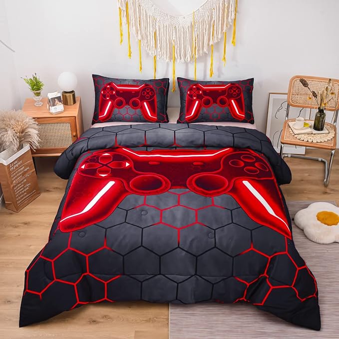 NTBED Game Console Comforter Set for Boys Girls Kids Geometric Lightweight Microfiber Bedding Sets (red, Queen)