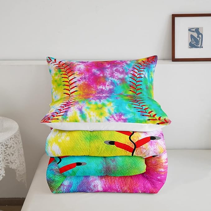 Kids Baseball Comforter Boys Girls Softball Sports Game Comforter Set Girly Colorful Tie Dye Bedding Set Teens Men Baseball Gaming Quilt Set Rainbow Room Decor Full Size for All Season 3Pcs