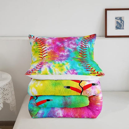 Kids Baseball Comforter Boys Girls Softball Sports Game Comforter Set Girly Colorful Tie Dye Bedding Set Teens Men Baseball Gaming Quilt Set Rainbow Room Decor Full Size for All Season 3Pcs