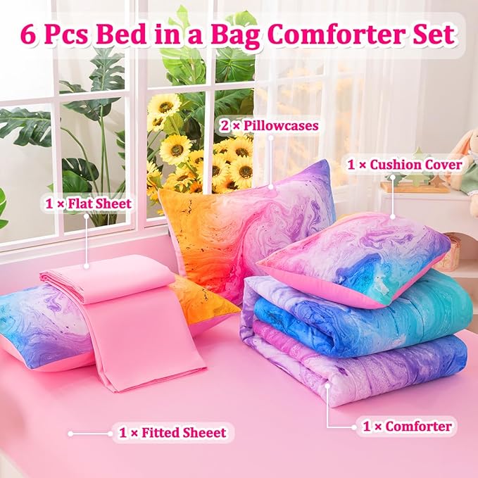 Girls Twin Bedding Sets, 6 Pcs Pink Twin Szie Comforter Set with Sheets, Watercolor Marble Abstract Art Superior Bedding Set for Girls Kids
