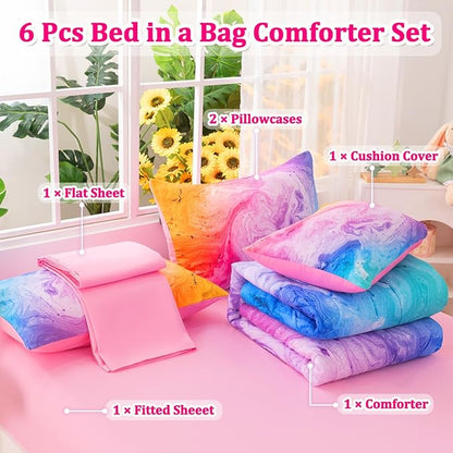 Girls Twin Bedding Sets, 6 Pcs Pink Twin Szie Comforter Set with Sheets, Watercolor Marble Abstract Art Superior Bedding Set for Girls Kids