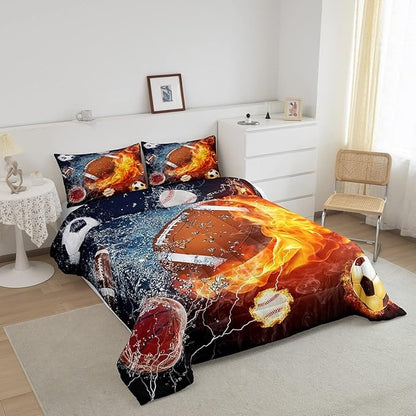Erosebridal Football Comforter Set Queen Rugby Sports Bedding Set for Teen Boys Kids,Soccer Basketball Baseball Comforter Red Blue Water Fire Lightning Quilt Duvet Insert Bedroom Decor 2 Pillow Cases