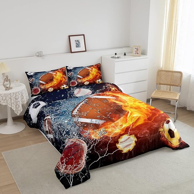 Erosebridal Football Comforter Set King Rugby Sports Bedding Set for Teen Boys Kids,Soccer Basketball Baseball Comforter Red Blue Water Fire Lightning Quilt Duvet Insert Bedroom Decor 2 Pillow Cases