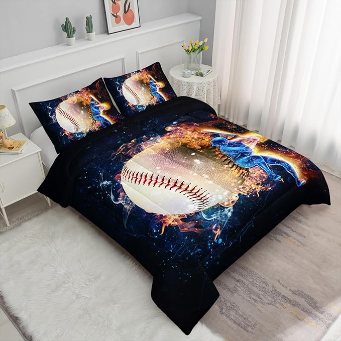 Axolotl 3D Baseball Comforter Set Queen,Sports Bedding,Red Blue Water Fire Comforter Set,Sports Baseball Loveer Bedding Set,Sport Game Comforter for Kids Boys Teens Adults,1 Quilt 2 Pillowcases