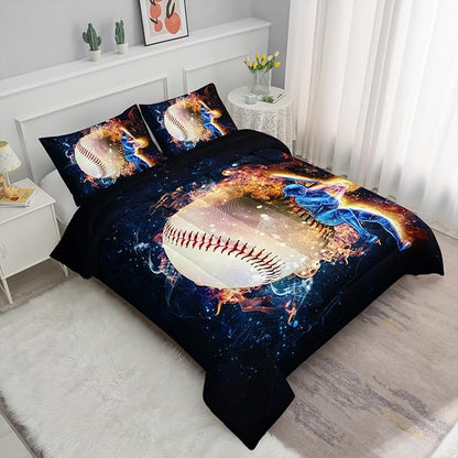 Axolotl 3D Baseball Comforter Set Full,Sports Bedding,Red Blue Water Fire Comforter Set,Sports Baseball Loveer Bedding Set,Sport Game Comforter for Kids Boys Teens Adults,1 Quilt 2 Pillowcases